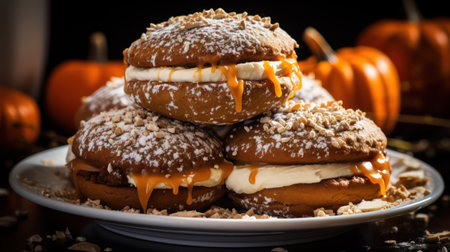 Pumpkin cookies with caramel sauce on a dark background. Selective focus.の素材