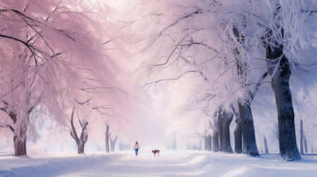 Man and dog walking in a winter park with trees covered with snowの素材