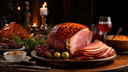 Traditional Christmas roast turkey with red wine, olives and candied fruitの素材