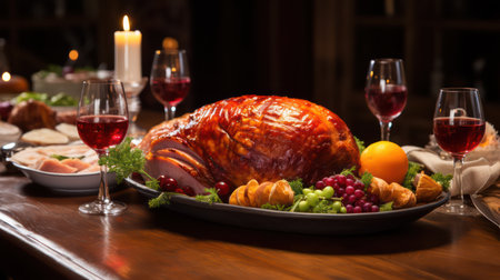 Traditional Christmas dinner with roasted turkey and other traditional dishes on wooden tableの素材