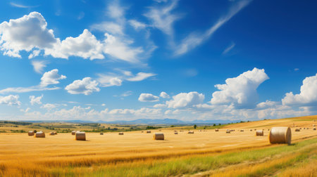 agricultural field with straw bales and blue sky with cloudsの素材