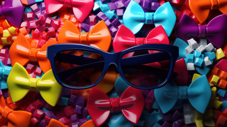 Colorful bow tie and glasses on the background of many bows.の素材