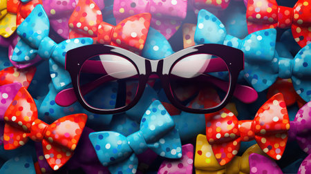3d render of colorful bow tie and sunglasses on colorful background.の素材
