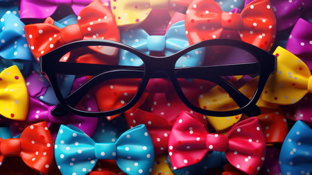 3d render of glasses and bow tie on a background of colorful bowsの素材