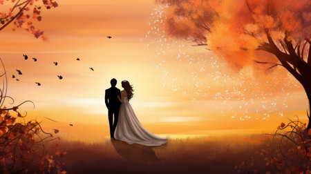Wedding couple in the forest at sunset. Vector illustration.の素材