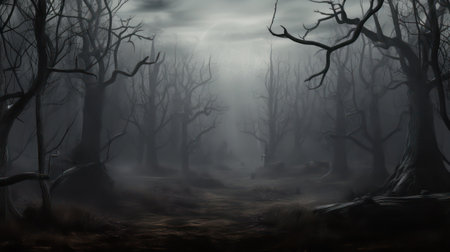 Scary dark forest with fog. Halloween background. 3d renderingの素材