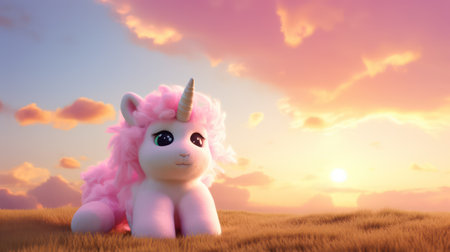 Unicorn in the field at sunset. 3d rendering.の素材