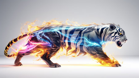 Flaming tiger with glowing fire effect as symbol of power and energyの素材