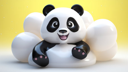 Panda sitting on a balloon with a yellow background. 3d renderingの素材