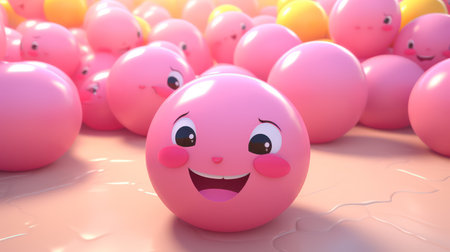 Smiling pink emoticon with happy face surrounded by yellow balls. 3D renderingの素材