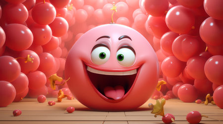 Funny red smiley with balloons in the background. 3d renderingの素材