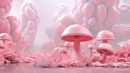 3d illustration of a group of pink mushrooms growing out of the groundの素材