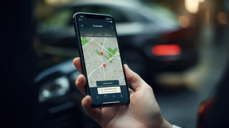 mobile phone with gps navigation app in the hand of a manの素材