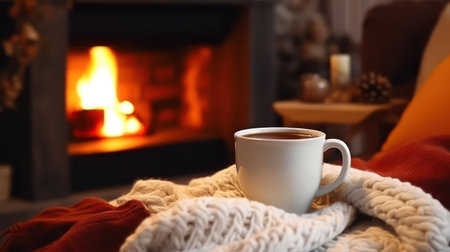 Cup of hot drink with warm plaid on sofa in living roomの素材
