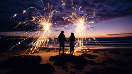 Silhouette of loving couple with sparklers on the beach at nightの素材
