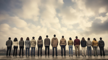 Group of people standing in a row and looking at the sky.の素材