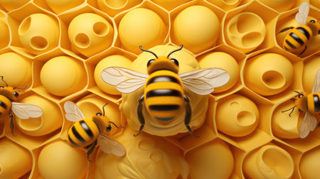 Honeycombs and bees, 3d rendering. Computer digital drawing.の素材
