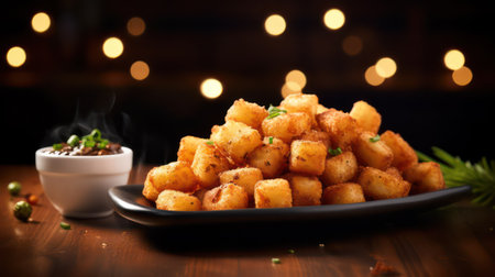 fried potato with sauce on a dark wooden background. tinting. selective focusの素材