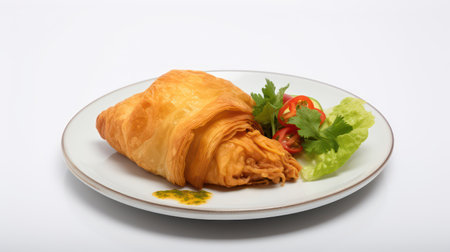 Crispy croissant with tomato and salad on white backgroundの素材