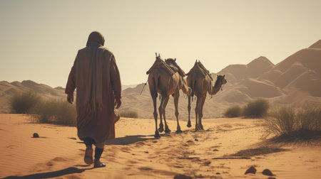 A young man walks through the Sahara desert with his camels.の素材