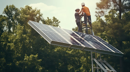 Low angle view of workers standing on ladder and looking at solar panelsの素材
