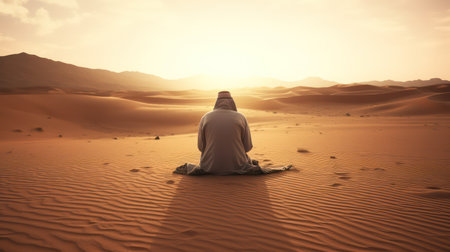 Handsome Muslim man praying in the desert. 3d renderingの素材