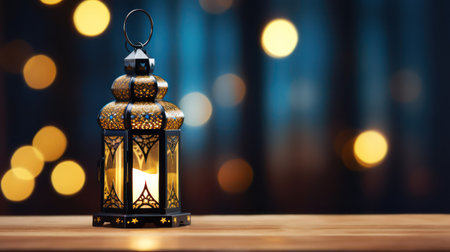 Lantern on wooden table with bokeh background. Ramadan Kareem conceptの素材