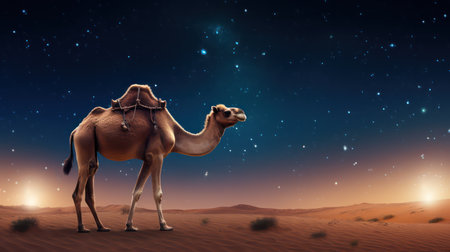 Camel in the desert at night. Mixed media. Mixed mediaの素材