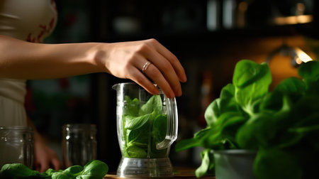 Woman making fresh spinach smoothie in kitchen, closeup. Healthy foodの素材