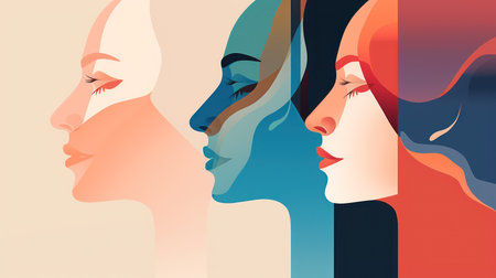 Vector illustration of two young women in profile. Portrait of a beautiful girl.の素材
