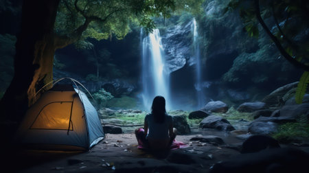 Woman sitting in front of a tent and watching the waterfall at night.の素材