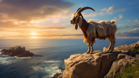 Goat on the background of the sea and the sky at sunsetの素材