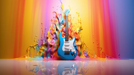 3d rendering of electric guitar in colorful liquid splash on white backgroundの素材