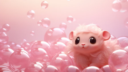 Cute baby doll with pink balloons and bubbles. 3d renderingの素材