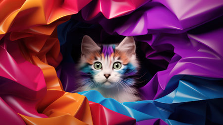 3d rendering of a cat in origami style on colorful backgroundの素材