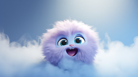 Funny pink fluffy chick on blue sky background. 3d renderingの素材