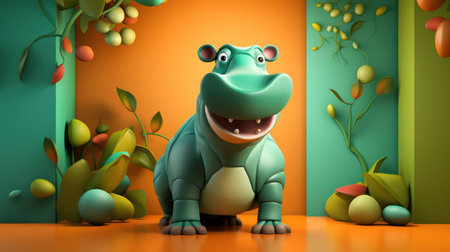 Cute hippo in the room. 3D illustration. Cartoon style.の素材