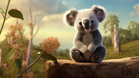 Cute koala sitting on a log, 3d illustration.の素材
