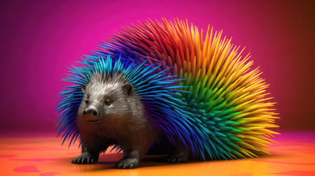 Hedgehog with colorful rainbow hair, 3d render illustration.の素材