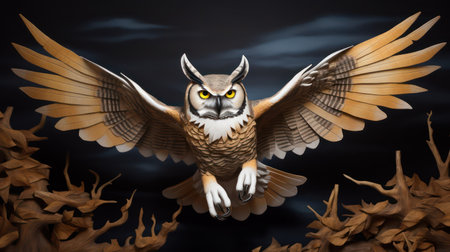 Owl flying in the night sky, 3d rendering. Computer digital drawing.の素材