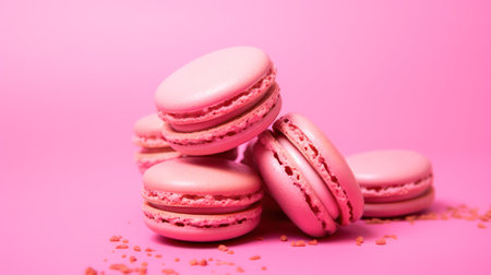 Pink macaroons on pink background. Sweet macaroon.の素材