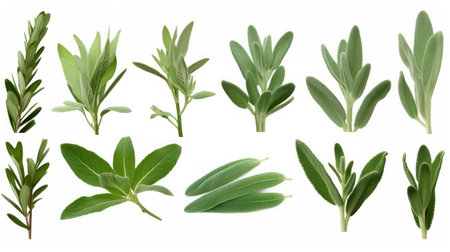 Set of fresh sage leaves isolated on white background. Top view.の素材