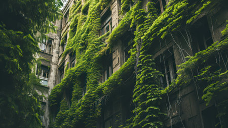 Green ivy growing on the facade of a residential building in New York Cityの素材