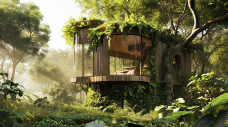 Wooden pavilion in the jungle. 3D Rendering.の素材