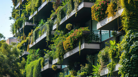 Exterior of modern apartment building with green plants on balconies.の素材