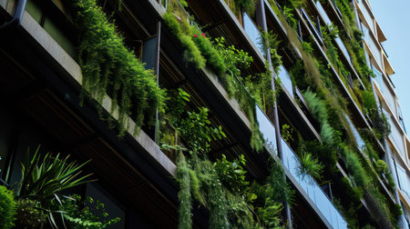 Exterior of modern office building with green plants and sunlight in the morningの素材