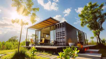 3d rendering of modern house exterior design with garden view and sunlight.の素材