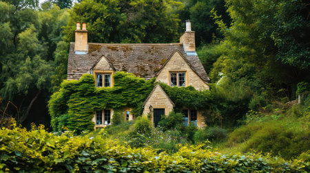 A view of a cottage in the Cotswolds, Englandの素材