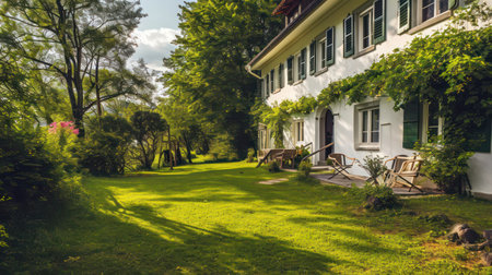 Beautiful garden in the morning light. Beautiful green lawn and trees.の素材