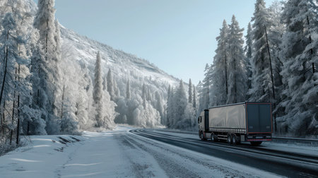 Truck on the road in winter forest. Freight transportation.の素材